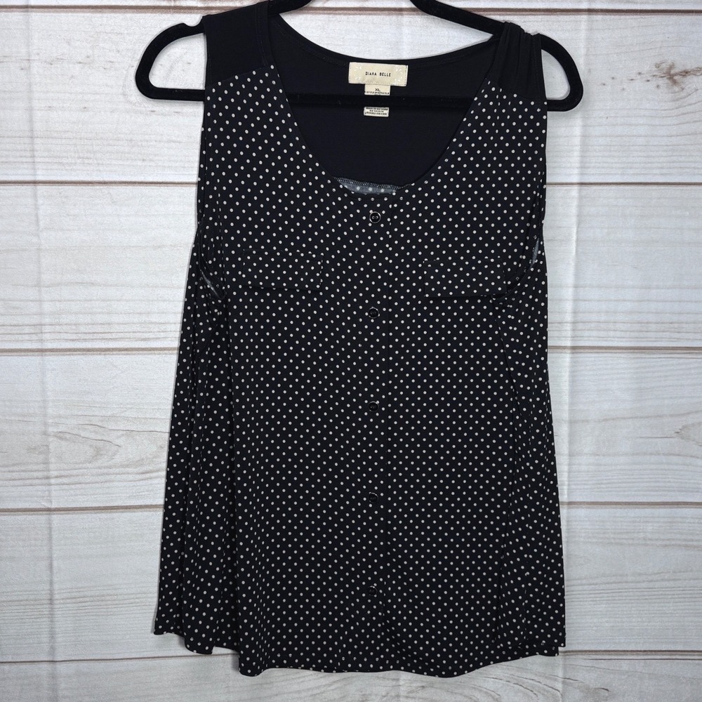 Diana Belle Polka Dot Sleeveless Blouse Black White Button Front XL Country Club